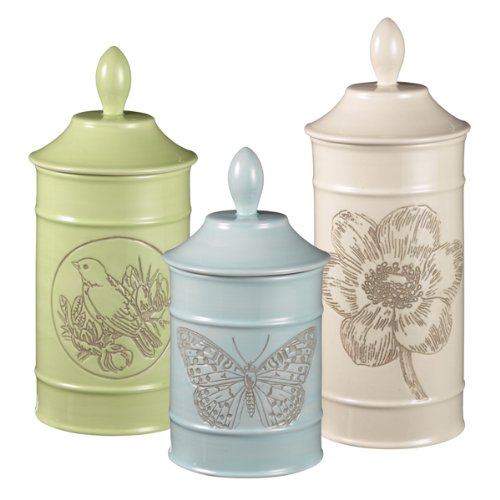 Grasslands Road 462529 Ambiance Flower Bird Butterfly Embossed Stoneware Canisters Three Styles, Set of 3