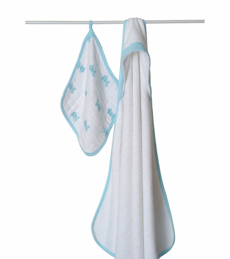 Aden + Anais Hooded Towel and Muslin Washcloth Set - Hide and Sea